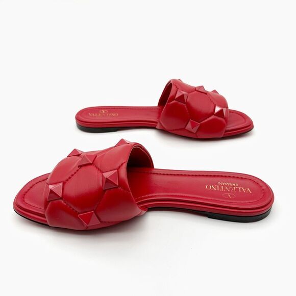 VALENTINO Rockstud Red Leather Sandal Size 39 Flat Flip Flop Slide Mule Studded - Picture 4 of 13